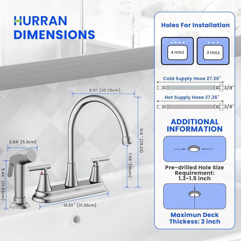 Hurran 2-Handle Kitchen Faucet with Pull-Out Side Sprayer, 8 Inch High Arch Stainless Steel 360°Rotating Kitchen Sink Faucet, 4 Hole Faucet for Kitchen Bar Rv Camper, Nickel - Image 2